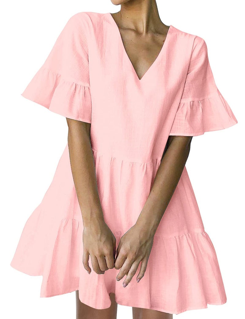 FANCYINN Women Cute Pink Shift Tunic Dress Bell Sleeve V Neck Swing Pink Ruffle Babydoll Dress Summer Vacation XL - Image 1